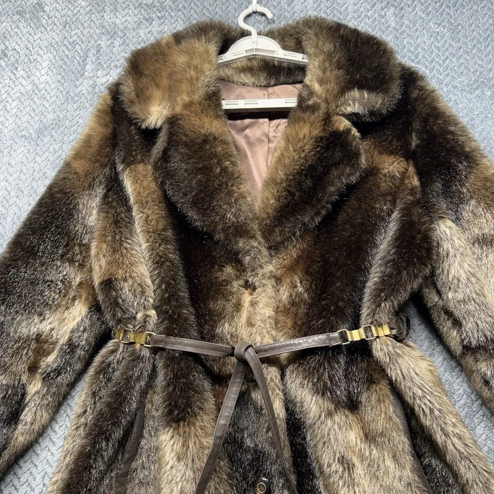 VTG Russell Taylor Faux Fur Coat Belted Women's M/L Brown Patchwork 60s 70s READ